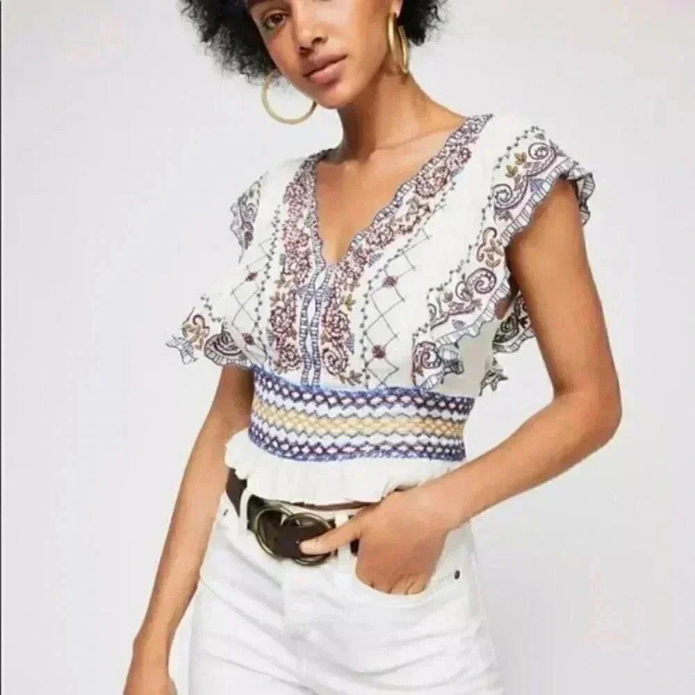 Free People- White Holland Park Beaded Blouse - Picture 3 of 8